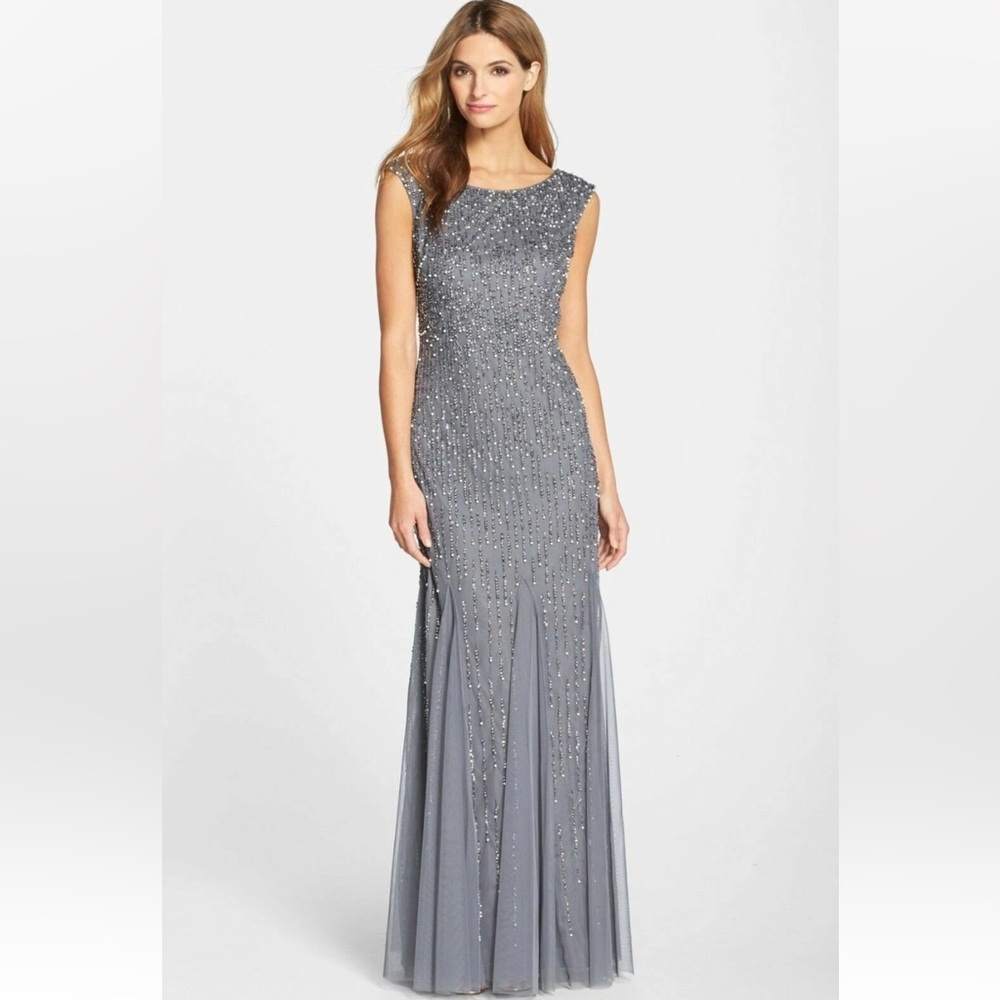 Adrianna Papell Silver Beaded Maxi Dress